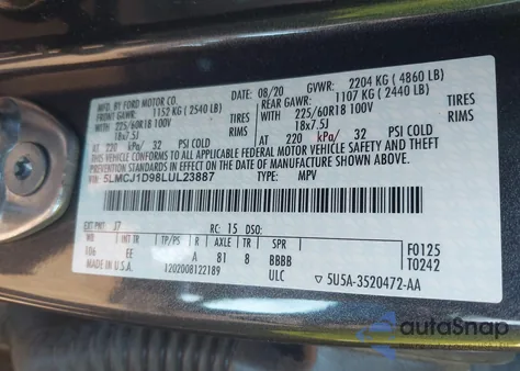 2020 Lincoln Corsair Standard from USA, damaged, VIN 5LMCJ1D98LUL23887